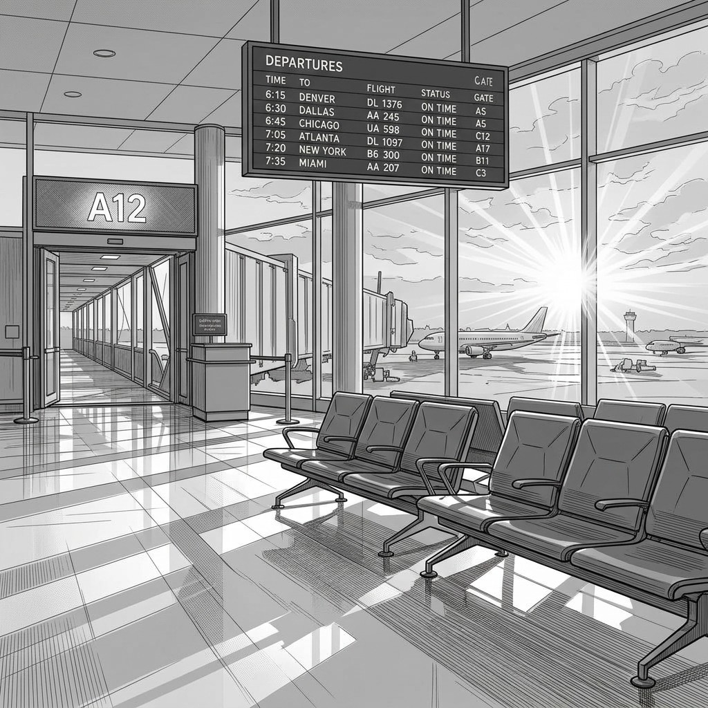 airport gate black and white